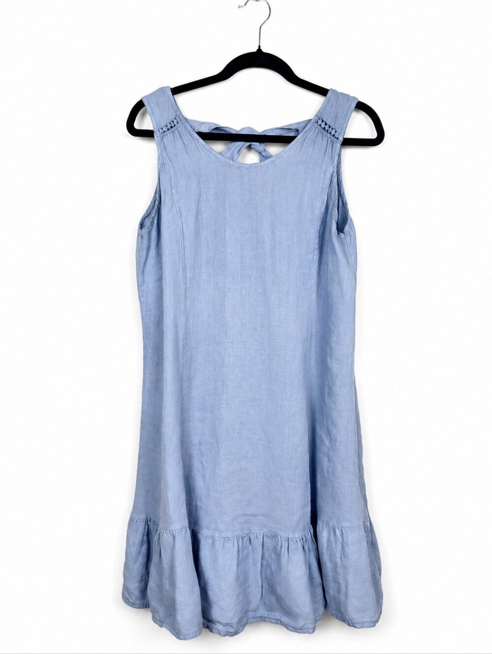 Terzo Millennio Italy Linen Ruffle Hem Dress Blue Tie Back Coastal Boho S
